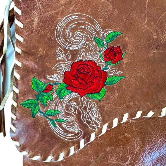 Handcrafted Brown Leather Crossbody Bag Red Rose Embroidery & Fringe Accents GUC - Picture 5 of 12